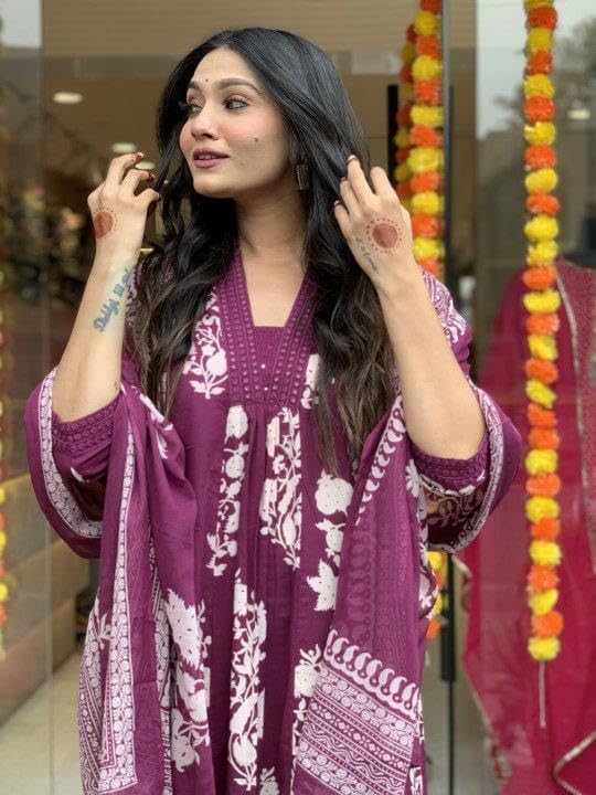 Womens Rayon Blend Anarkali Printed Kurta with Palazzo & Dupatta Festive Wedding Party Kurta Set