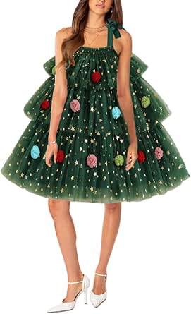 Yoisdtxc Women Christmas Tree Dress Sleeveless Tie Shoulder Strap