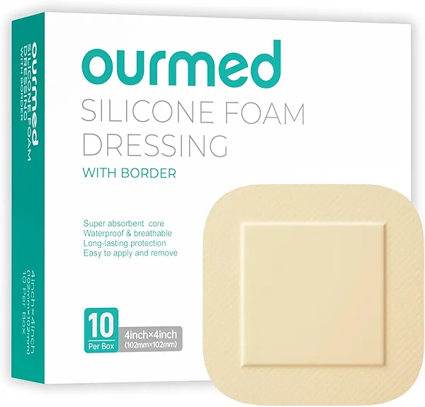 Ourmed Silicone Foam Dressing with Border Adhesive - Large Absorbent Waterproof Bandage for Wound Care, Foot Diabetic Ulcer, Leg Ulcer, 4" x 4", 10 Pack