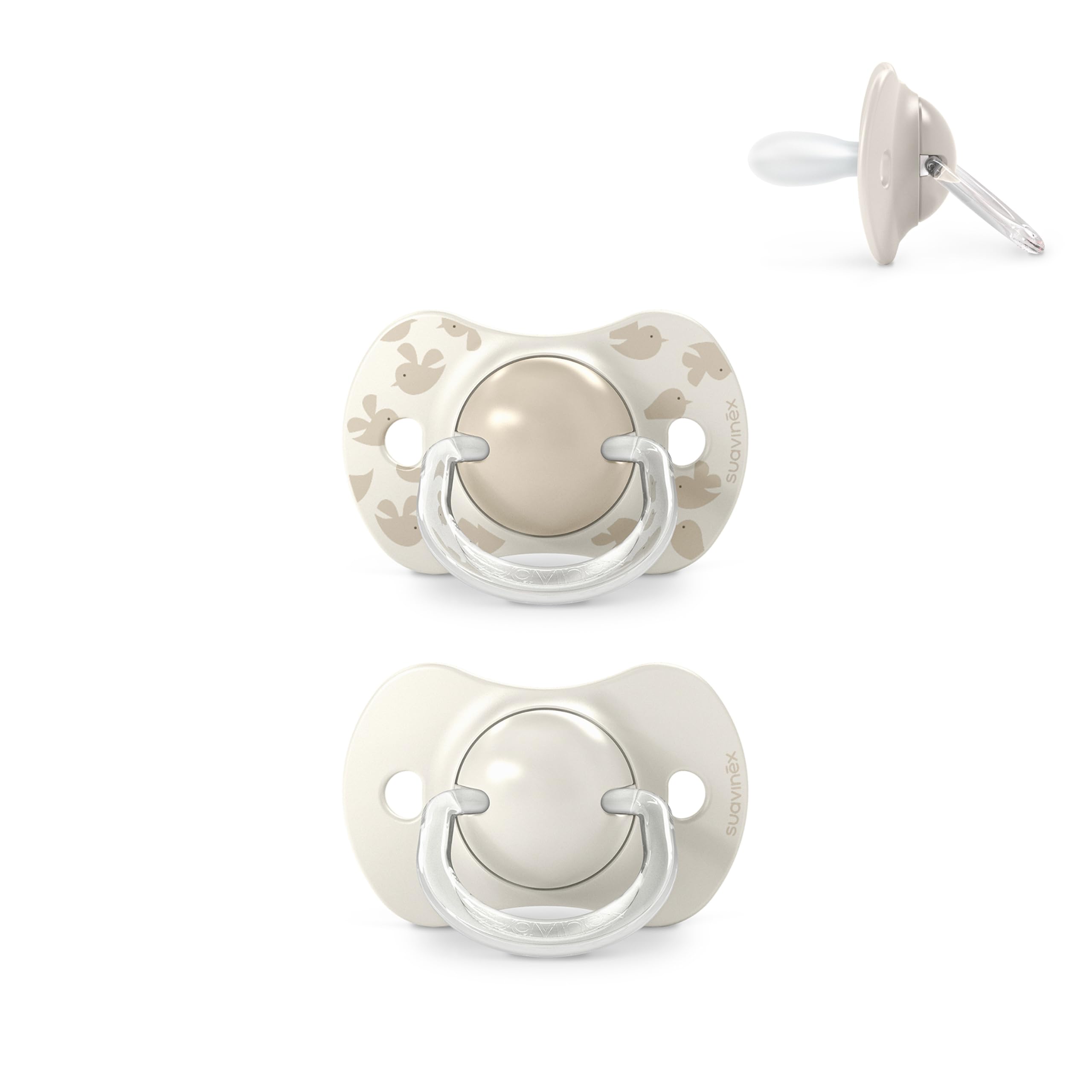 Suavinex, Lot 2 Sucettes Bébés 6/18 Mois, Tétine Symétrique SX Pro en Silicone, plus Plate et Flexible, Réversible, Respecte le Développement Buccodentaire, Birdies Gris - 1