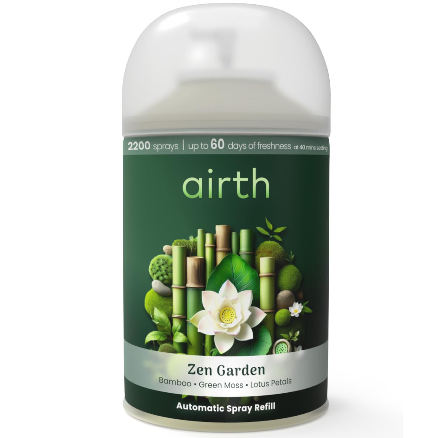 airth Zen Garden Automatic Spray Refill, Air Fresheners with notes of Bamboo, Green Moss and Lotus Petals, 2200 Sprays, 225ml lasts up to 60 days