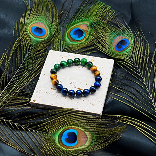 Pozanki Peacock Triple Protection Bracelets For Women Men, Healing Crystal Chakra Tiger Eye Beaded Bracelets, Semi Precious Gemstone Stretch Bracelets For Stress Relief, Feng Shui, Good Mood And Lucky #TOP3