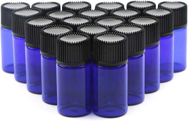 Unxuey 3ml (15/16 Dram) Blue Travel Perfume Glass Vials Travel Sample Colletction Jars with Orifice Reducer and Cap Essential Oil Diffuser Pack of 20