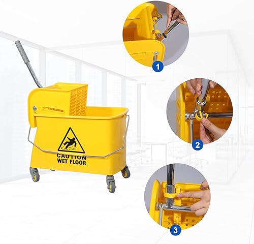 Miniatura 4 de Cubo de trapeador de 22 cuartos con escurridor lateral sobre ruedas, amarillo, incluye fregona