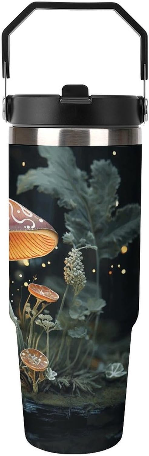 Butterfly Mushroom Water Bottle 30 Oz Fits Car Cup Holder,Insulated Coffee Mug Large Capacity Car Cups,Stainless Steel Double Wall Sport Bottle for Travel Sports Gym