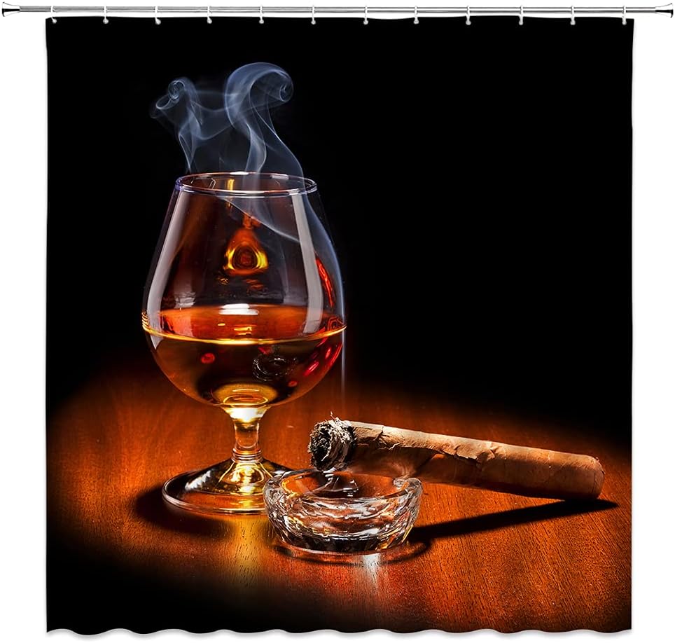 Fine Wine Shower Curtain for Man Whisky Cognac Burning Cigarette Wineglass Brown Black Polyester Fabric Bathroom Curtain 90 x 70 Inch with Hook Hole