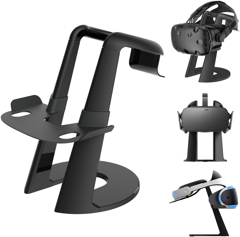 Dinly VR Stand, Universal VR Headset Display Holder for HTC Vive, Playstation VR, Oculus Rift and Oculus Go, ABS, Black