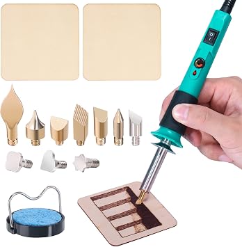YIHUA 930-IV Pyrography Wood Burning Pen Kit Adjustable Temperature, Power Switch, Heat Deflector, Rubber Grip with 10 Pyrography Tips, 2 Wood Pieces, Flip-Up Pen Stand, for Woodburning DIY Crafts