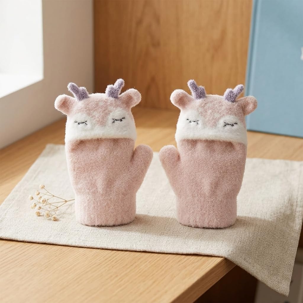 Kids Cartoon Elk Knitted Gloves 1 Pair Warm Convertible Mittens