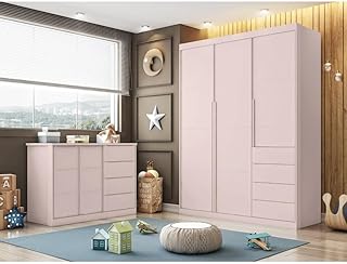 Quarto Infantil Completo Pérola Roupeiro e Cômoda 4 Gavetas Rose