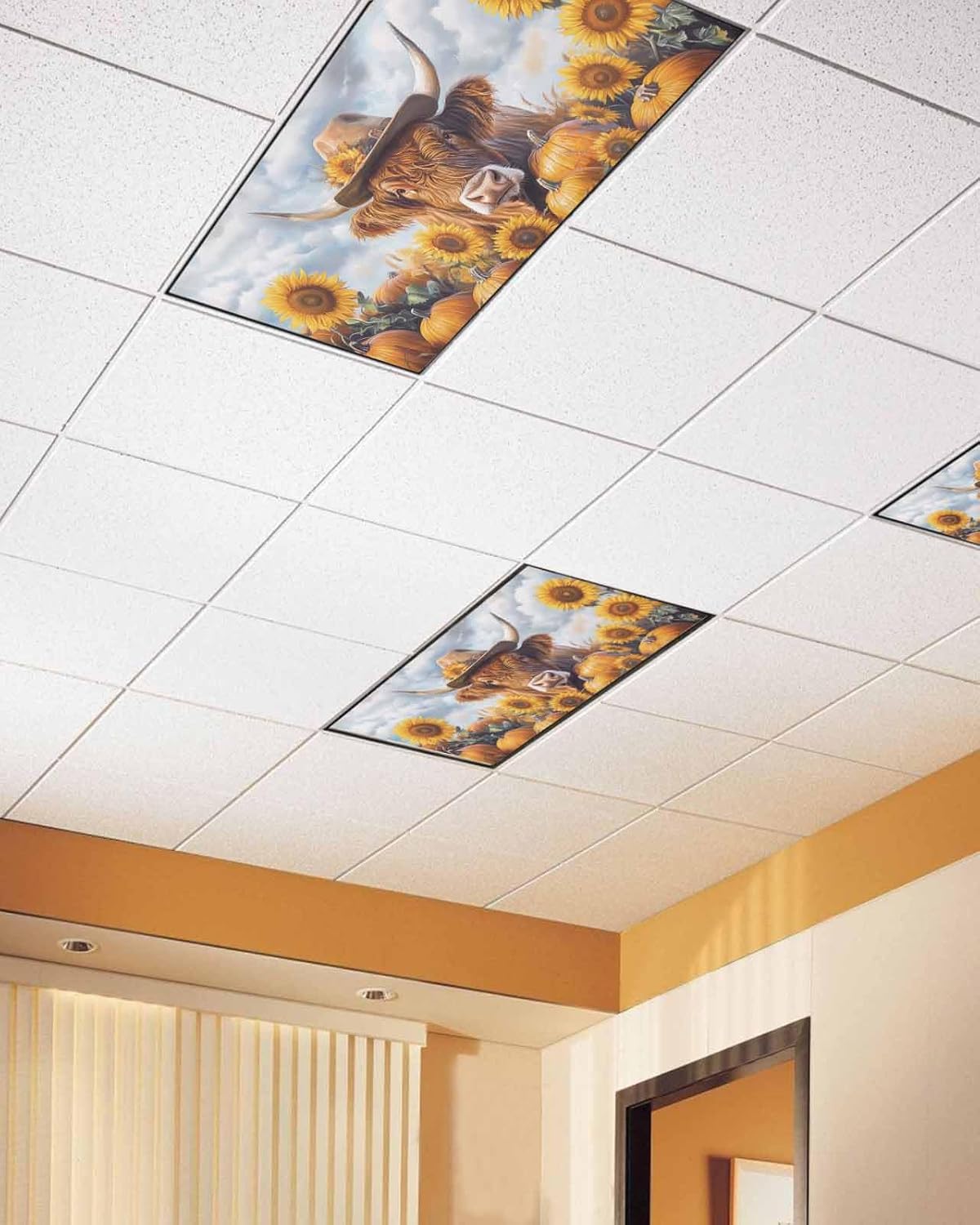 Fall Cow Sunflower Magnetic Fluorescent Light Covers for Ceiling 2 x 4 Feet, Thanksgiving Pumpkin Blue Sky Office Classroom Kitchen Drop Ceiling Light Covers Lighting Filters Shade Panel 2 Packs