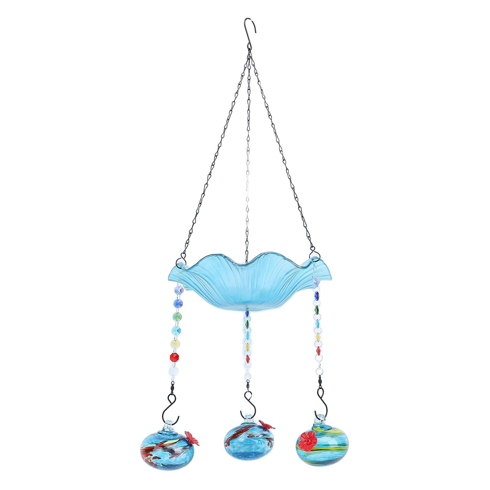 Kikumi Comedero para Colibríes, Baño para Pájaros Al Aire Libre, Fuente Solar Colgante 2 en 1 con 3 Recipientes de Alimentación para Pájaros Pequeños