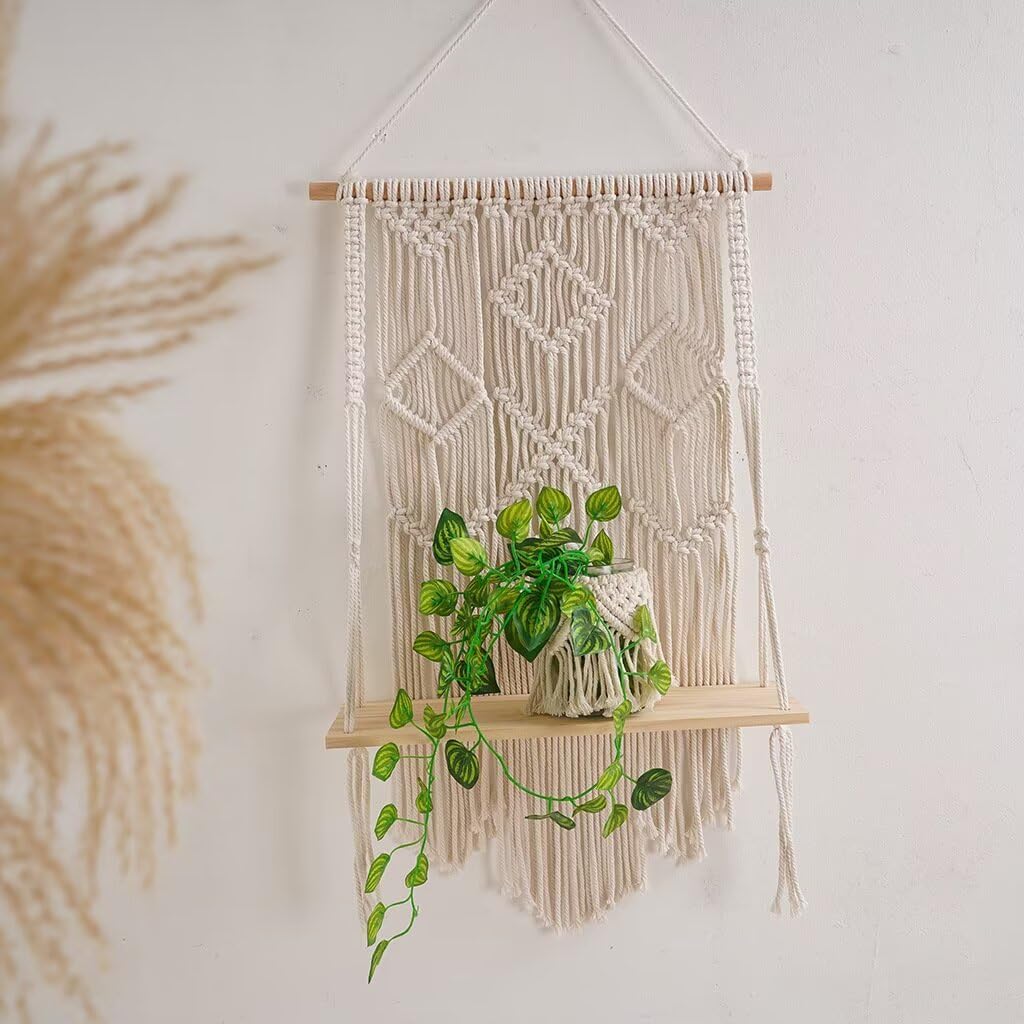 Macrame Wall Hanging Shelf Boho Decor Wood Floating Shelf for Bedroom Living Room Nursery Bathroom, Handmade Woven Rope Storage Rack for Photo Frames Plant Display