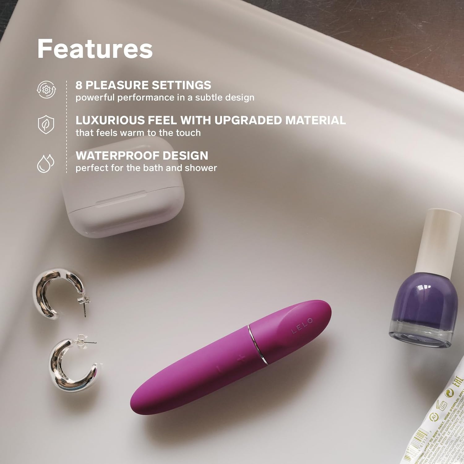 Image showing the LELO MIA 3 with text highlighting its 8 pleasure settings, luxurious feel, and waterproof design.