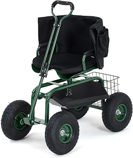 Heavy Duty Garden Cart, Garden Scooter Rolling Work Seat, 360° Swivel with 10-Inch All-Terrain Inflatable Tires, Extendable Steering Handle & Metal Tool Tray for Planting, Weeding, Yard Work