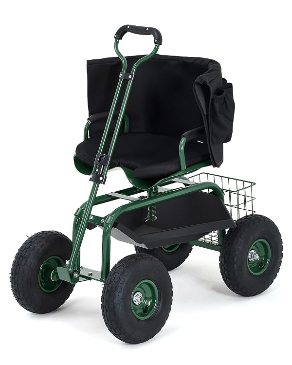 Rolling Garden Work Seat with Wheels, 360° Swivel Seat Gardening Cart with Extendable Steering Handle, Tool Tray and Storage Basket, 300 lbs Capacity, Gardening Stools for Patio, Yard, and Outdoors by Garvee - Used condition - US$113.42