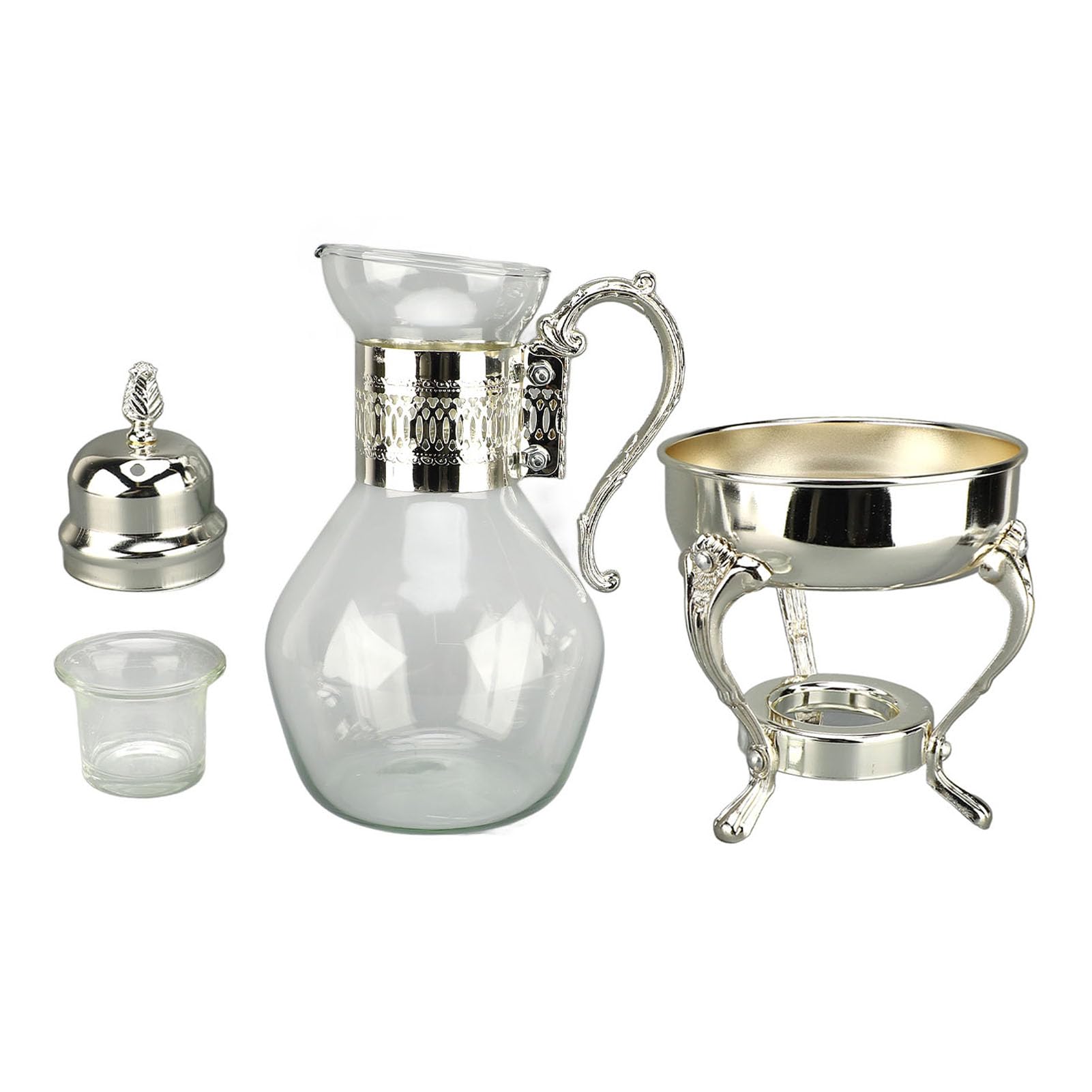 Sunicon Vintage Turkish Teapot, Glass Coffee Pot Set Heatable Water Pitcher with Lid and Cup for Home and Office Use (Silver)