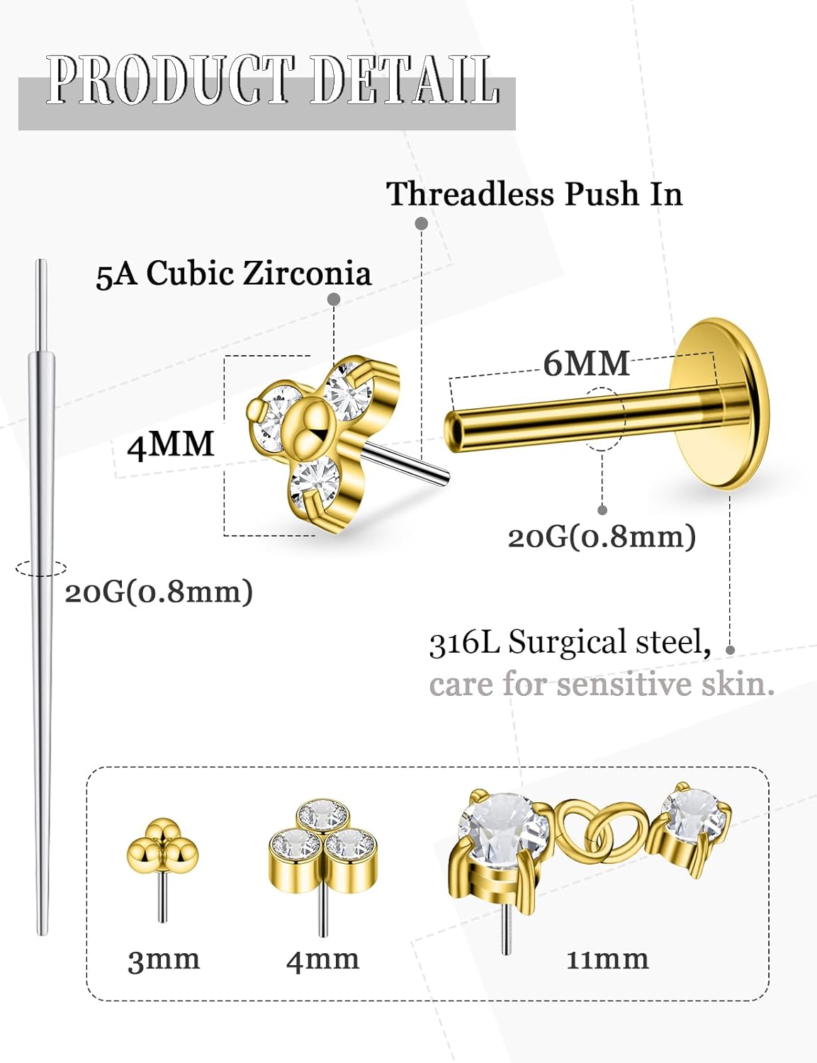 14K Gold Plated 20G 18G 16G Threadless Flat Back Earrings Studs Surgical Stainless Steel Push In Nose Rings Studs Tragus Forward Helix Conch Cartilage Earrings Piercing Jewelry For Women Men - Image 2