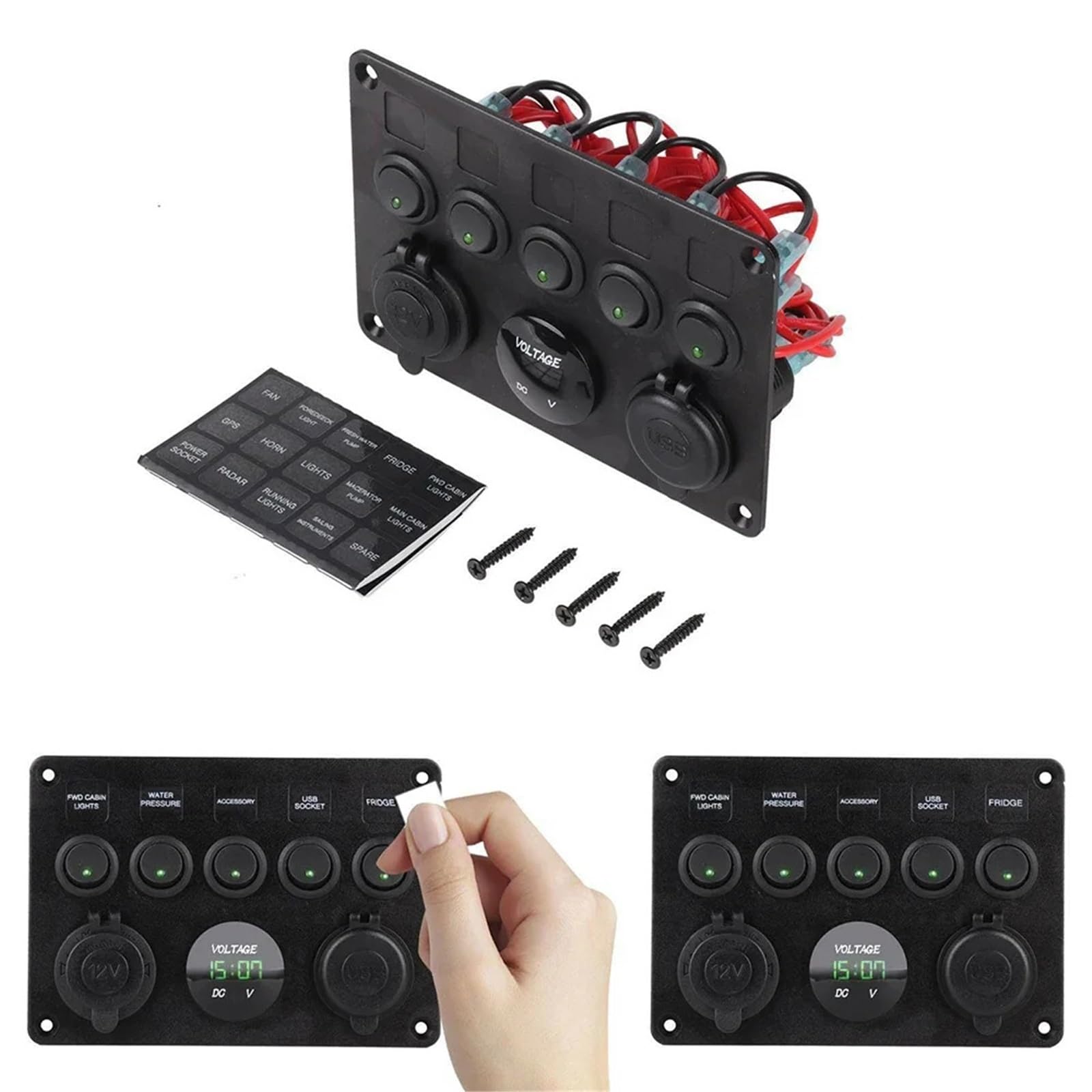 12V/24V 5-gniazdowa skrzynka bezpieczników liniowych Panel przełączników LED Podwójny USB Samochód Łódź Ciężarówka Kamper Cyfrowy wyświetlacz napięcia Niebieskie/Zielone/Czerwone światło LED(Green)