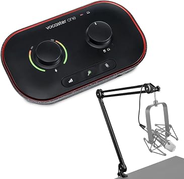 واجهة Focusrite Vocaster One Podcast لمنشئي المحتوى المنفردين، حزمة مع H&A Broadcast Arm