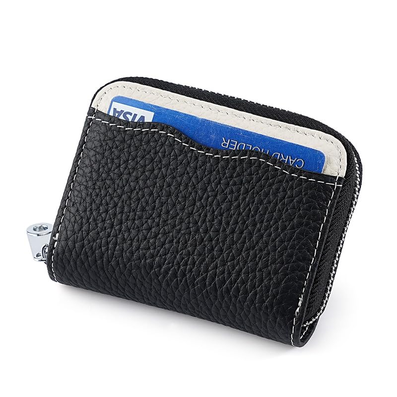 Image of Linno RFID 20 Slots Credit Card Holder Genuine Leather Small Wallet for Women or Men with Zipper, New Black, 4.1 x 3.3 x 1.18 inches, Fashion Accordion Card Case