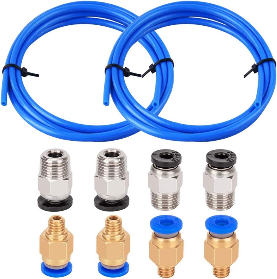 Aokin 2 Pieces Teflon Tube PTFE Blue Tubing (1.5 m/Piece) with 4 Pieces PC4-M6 Quick Fitting and 4 Pieces PC4-M10 Straight Pneumatic Fitting Push to Connect for 3D Printer 1.75mm Filament