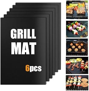BBQ Grill Mat Set of 6 - Non-Stick, Fireproof Sheets & Baking Mats for Gas, Charcoal, Electric Grills - Reusable, Dishwasher Safe, Easy to Clean Barbecue Accessories with Grill Grease Tray