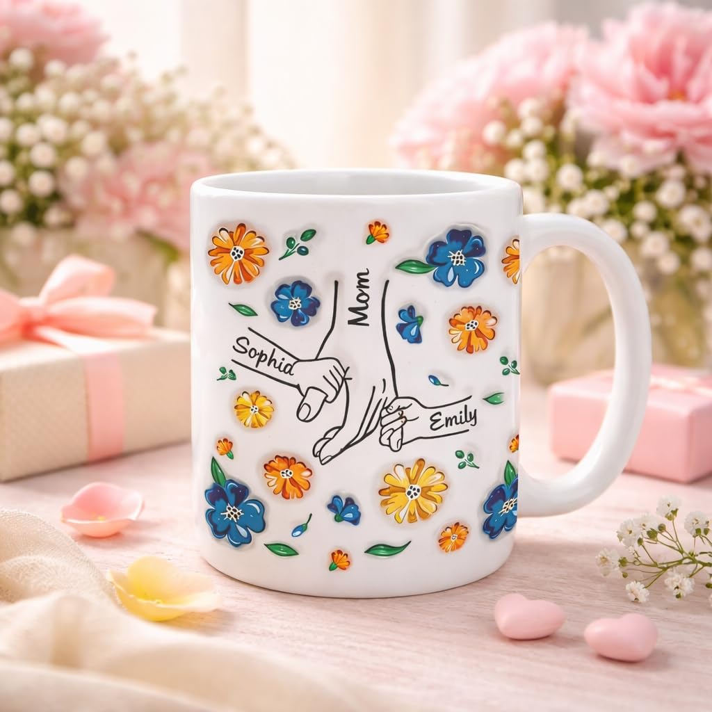 SOUFEEL Taza de abuela personalizada con nieto, abuela, mamá y nietos, flores a mano en mano, regalos personalizados para mamá y abuela, Patrón 3D taza de café, regalo del día de la madre — view 8