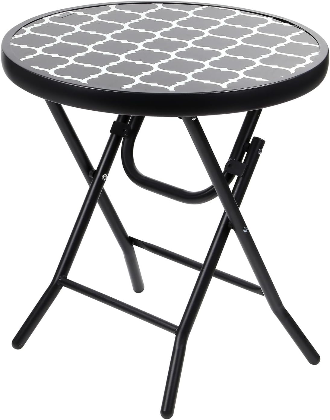Folding Drinks Side Table - Black Outdoor Garden Patio With Tempered Lattice Design Glass Top - Round or Square