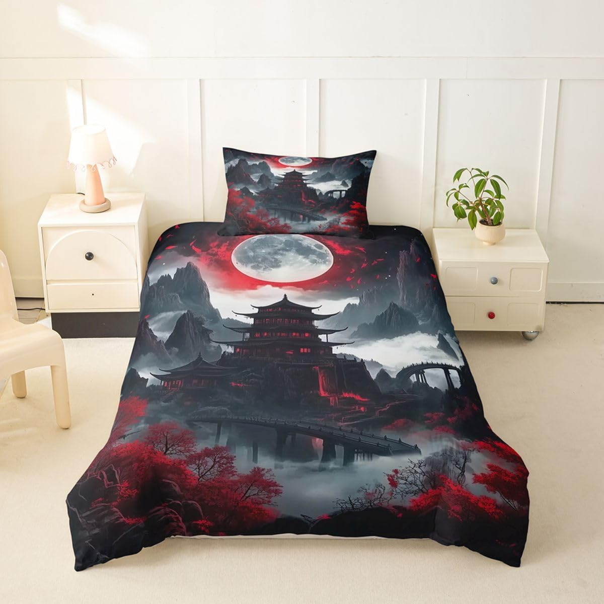 Erosebridal Japanese Anime Toddler Duvet Cover Moon Cherry Blossom Bedding Set Vintage Nature Mountain Comforter Cover for Kids Boys Girls,Red Black Bed Set