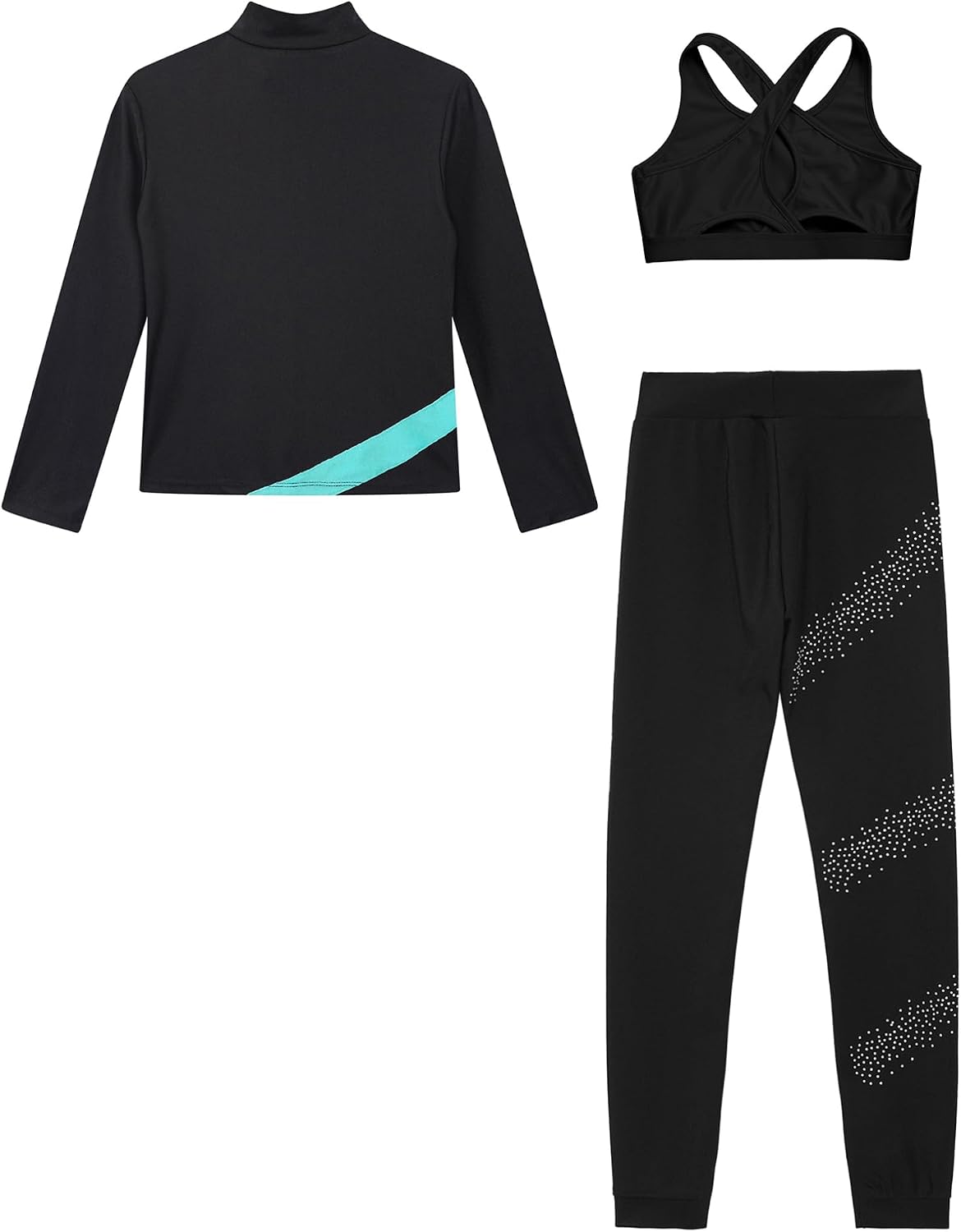 Freebily Girls Shiny Figure Skating Outfit Kids Zipper Ice Skating Jacket with Leggings Pants and Vest Set