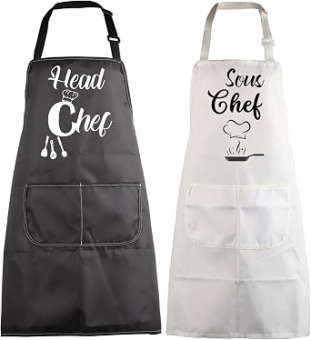 MBMSO Head Chef and Sous Chef Aprons Matching Family Aprons with Pockets Mum Dad Son Daughter Kitchen Apron Housewarming Gift