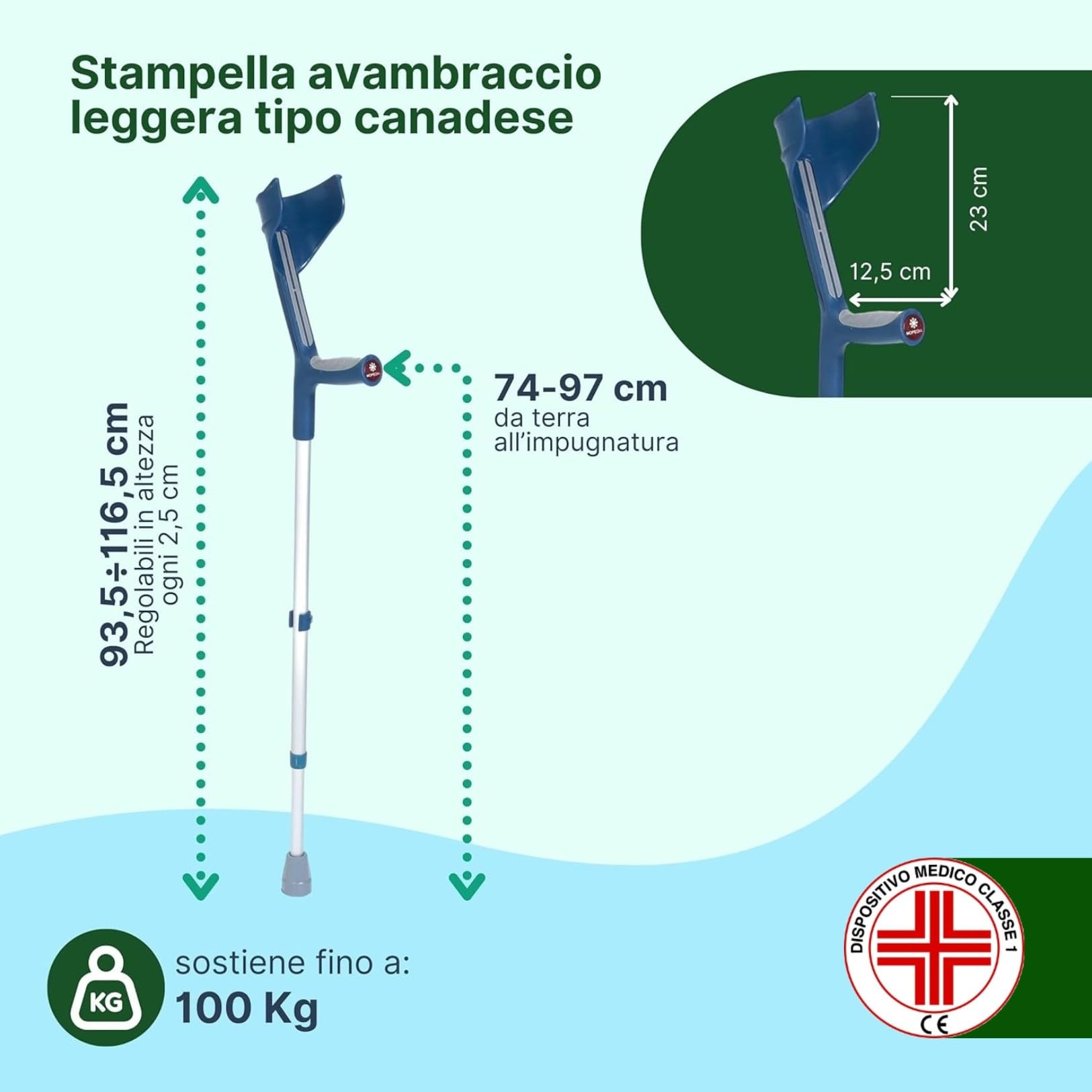 Stampelle Ortopediche Regolabili con Impugnatura Anatomica Morbida, Stampelle Canadesi Antiscivolo in Alluminio, 2 Unità – Blu/Grigio