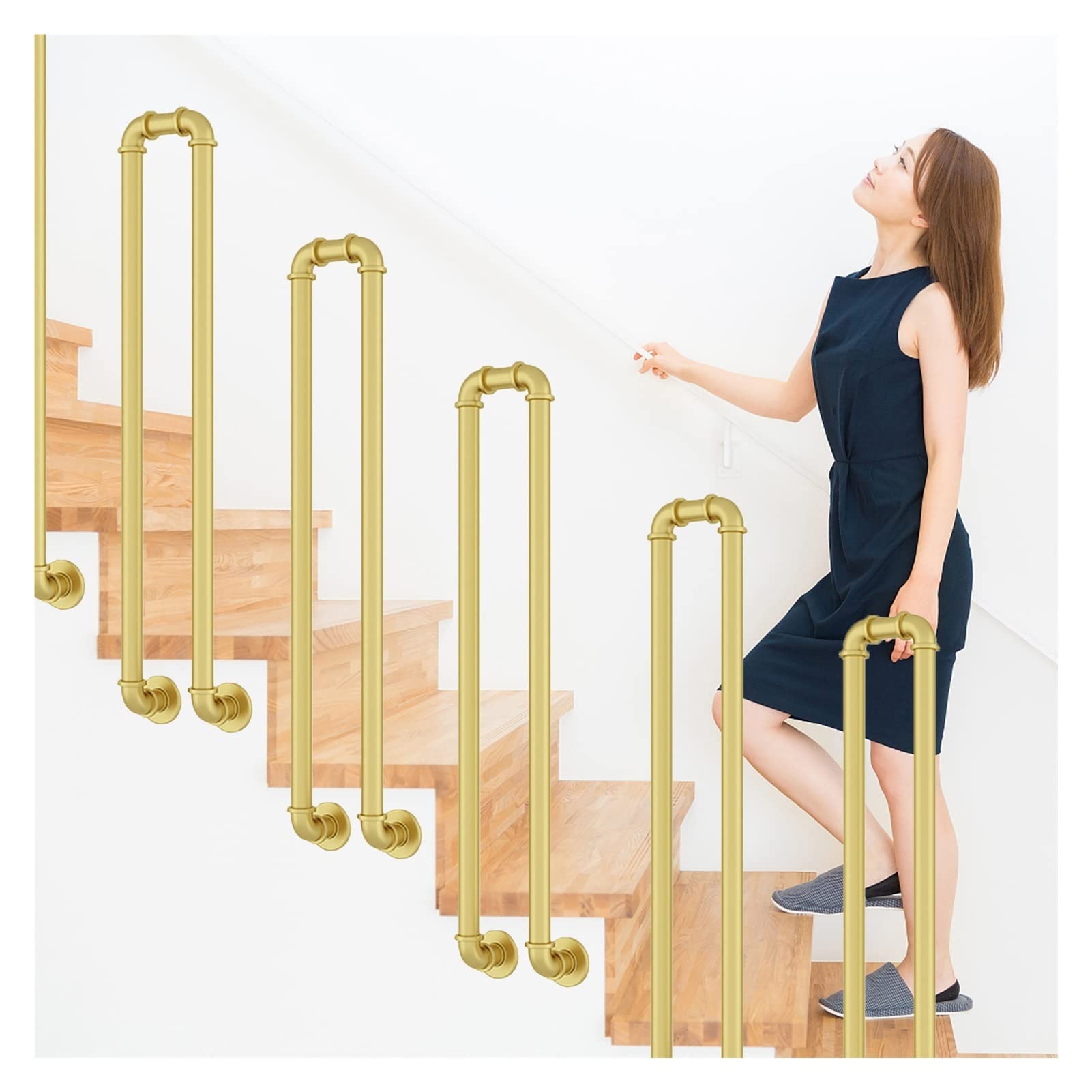 Meiiron U-Shaped Staircase Handrails, 1 Step - Balusters, Retro Metal Balcony Railing Wrought Iron Picket Transitional Handrail Load-Bearing 200lbs (Color : Gold, Size : 60cm(23.6"))