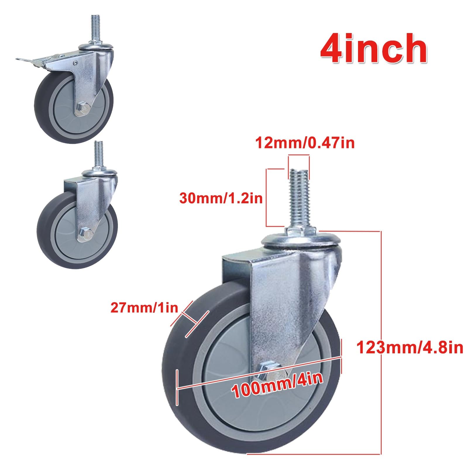 Kółka pneumatyczne, Zestaw 4 kółek skrętnych z hamulcem, 3 cale/4 cale, gwint M12x30 mm, udźwig 30 kg(Swivel+brake,4in)