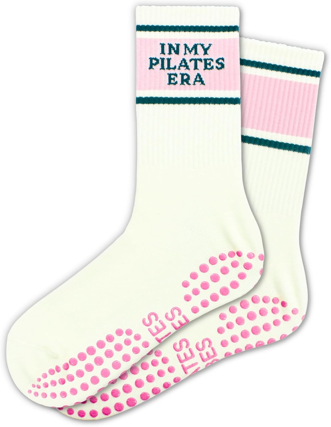 Cute Pilates Grippy Socks, Pink Blue Pilate Gifts for Women, Striped Crew Grip Socks for Studio Pilate.