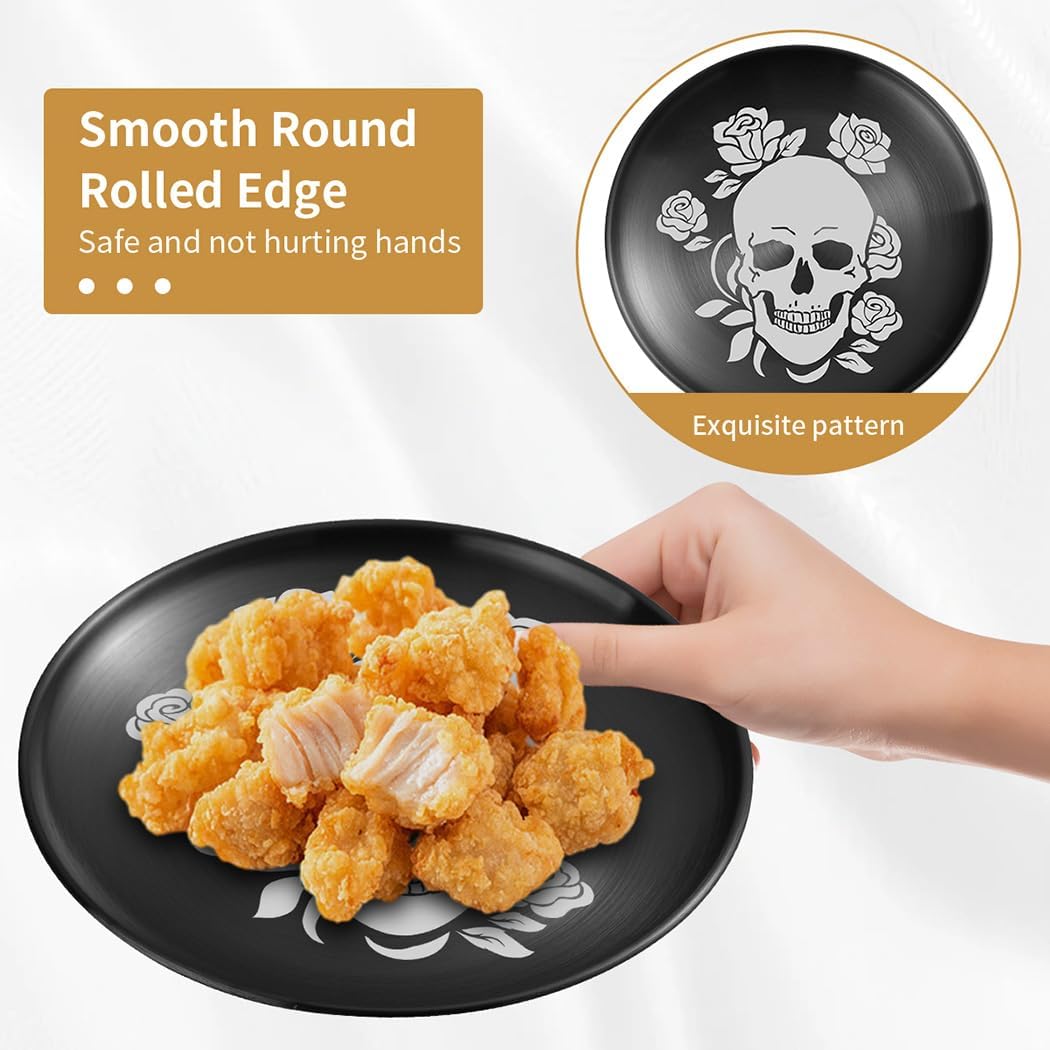 XIAOYU 6 Pack Halloween Skeleton Stainless Steel Dinner Plates, Skull Gothic Round Metal Plates, Unique Skull/Flower Pattern Design, Metal Dinner Dishes For Dinner, Party, Camping, Dishwasher Safe