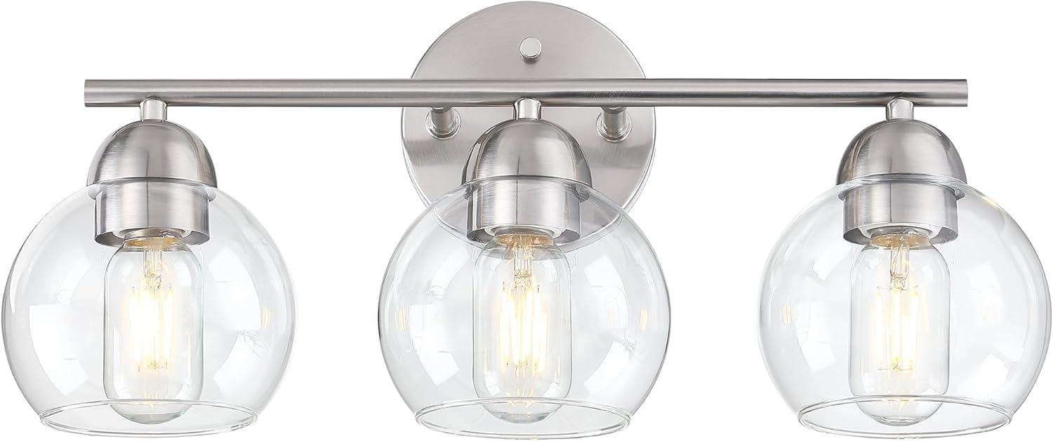 Pia Ricco Bathroom Vanity Light Fixtures, 3-Light Brushed Nickel Vanity Lighting Fixtures with Globe Glass Shade Metal Base, Modern Bathroom Lights Over Mirror, Vanity Lights for Living Room, Kitchen