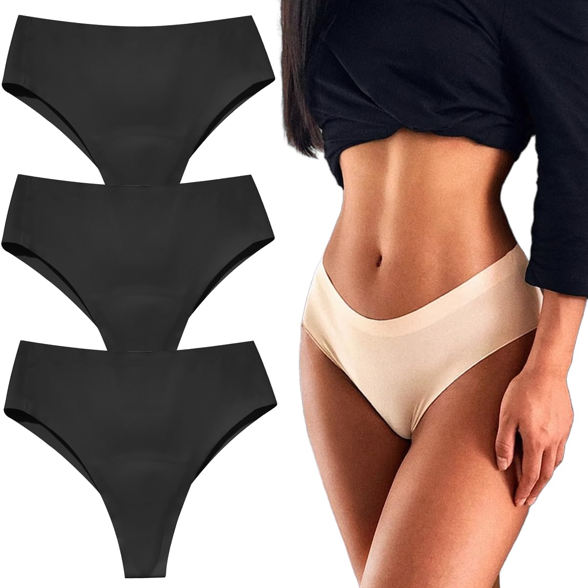 HUIQINGLI Aura Invisible Camel Toe Thong, Camel Toe Underwear For Women, High Waisted Seamless Thongs, No Show Underwear For Women (B-3pcs,S)