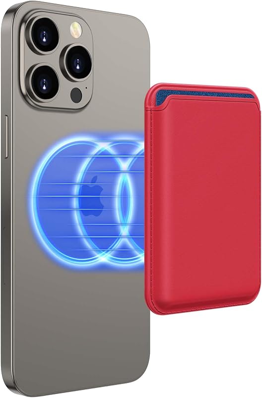 Upgraded MagSafe Wallet, Magnetic Phone Wallet 3 Cards Holder, 23 Magnets, Credit Card RFID Blocking, Slim Leather, Magnetic Wallets for iPhone 17/16/15/14/13/12 Series-Red