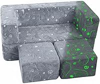 Vista 1 de MeMoreCool Dinosaur Glow Foam Kids Play Couch Set, Gray Modular Sofa & Lounger – Glow-After-Light Dinosaur Pattern, Machine-Washable Cover
