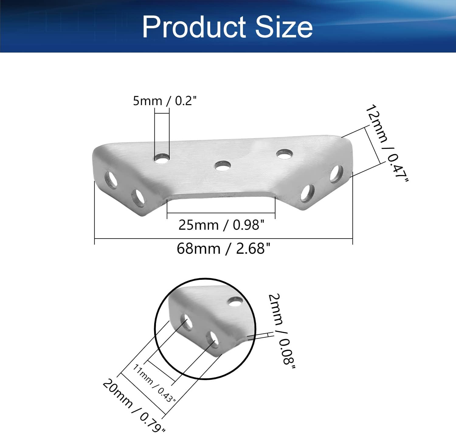 Bettomshin 20PCS Trapeziform Angle Brackets 2.68" x 0.98" x 0.47" Angle Code Corner Braces Stainless Steel Multi-Purpose Shelf Bracket Silver Brushed Finish