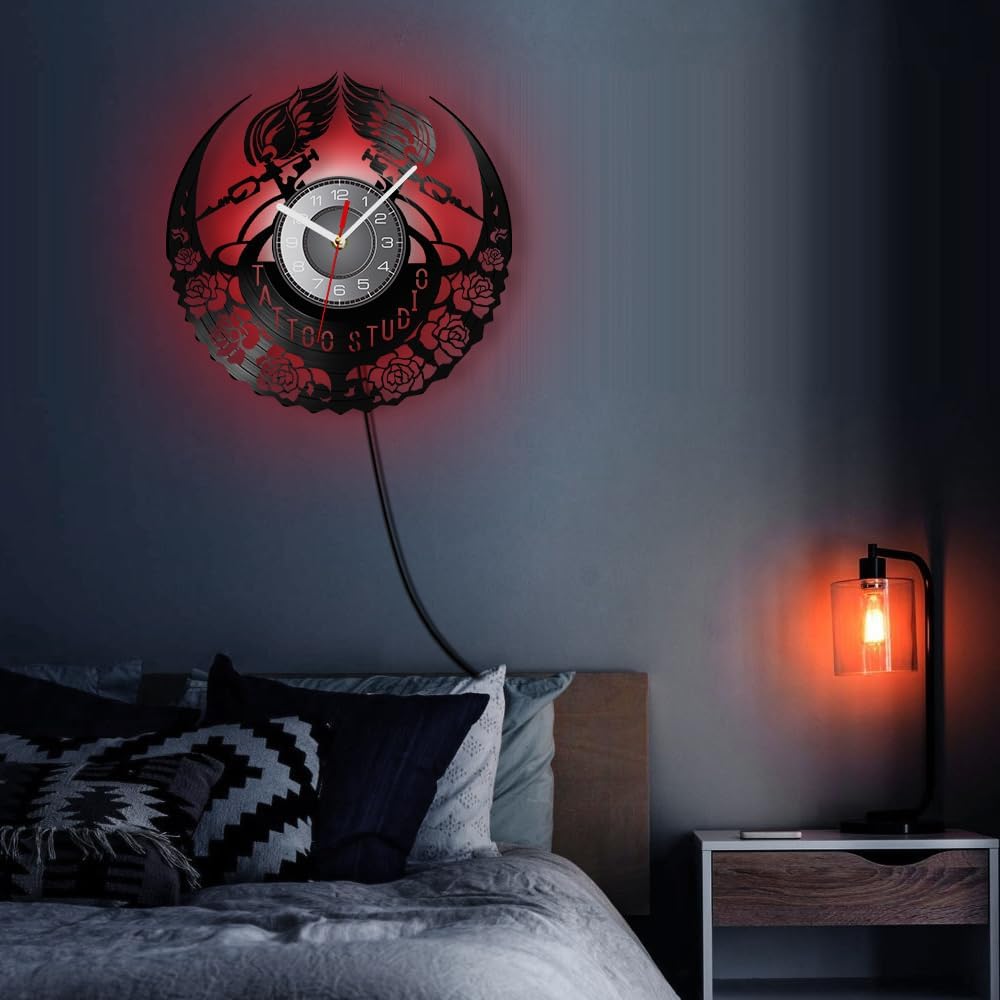 12 Inch Tattoo Clock 7 Colors Changing, Tattoo Studio Shop Decoration Clocks LED Night Light Silent Movement Clock Wall Watch Tattoos Decor for Shop Tattoo Artists Gifts