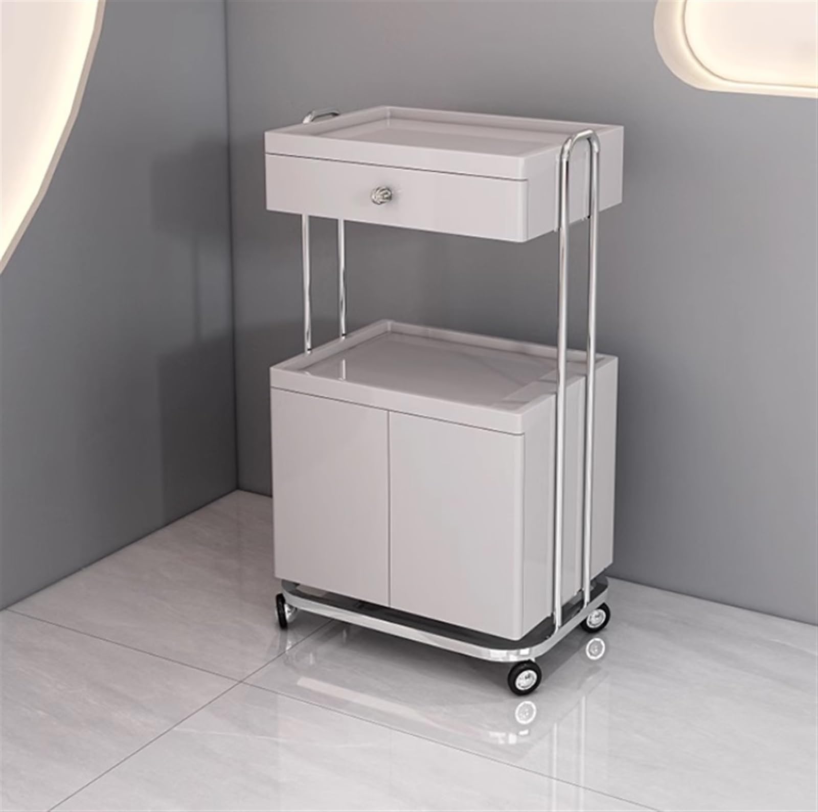 Carrello Beauty Carrello per Salone di Bellezza A 2 Livelli con Cassetto E Ante dell'Armadio Mobile Ruote per Parrucchiere Hair Stylist(Silver+Gray)