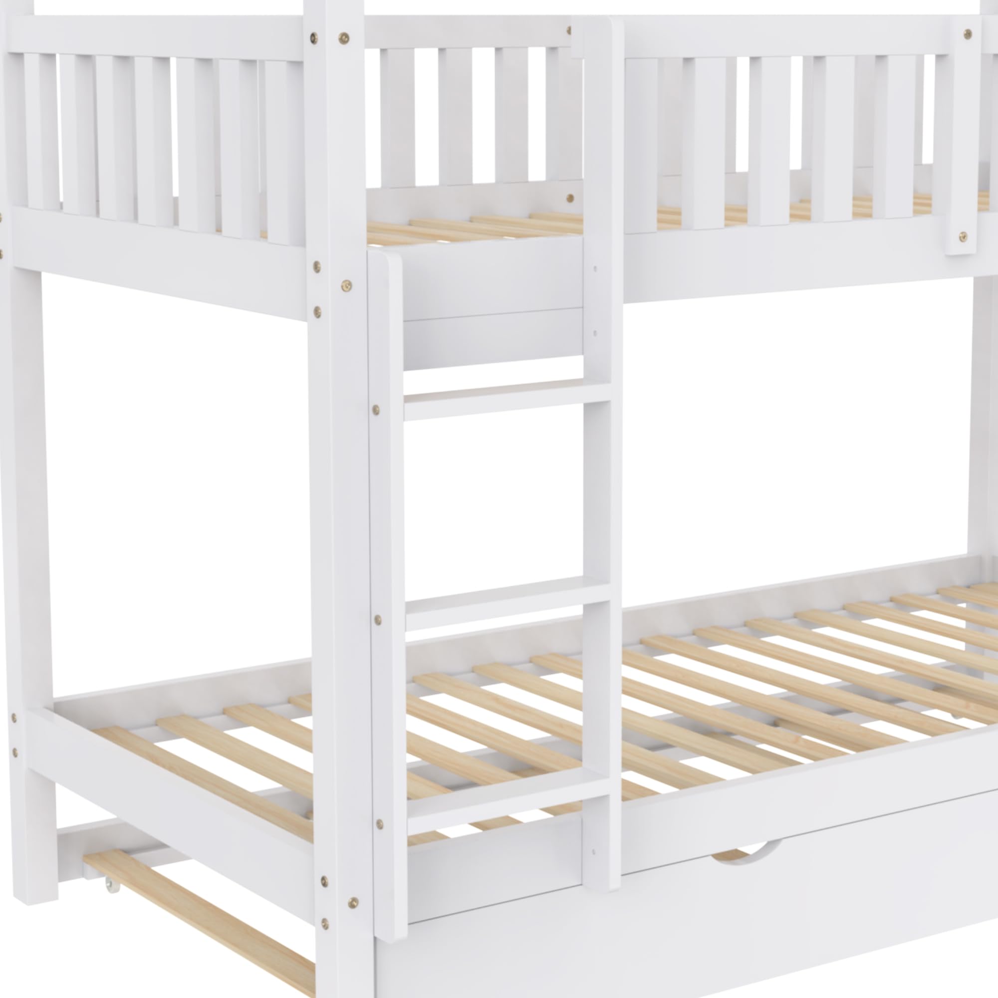 Moimhear Cama para niños House Bed 90 x 200 cm, cama juvenil, tres camas, extensible, diseño que ahorra espacio, color blanco