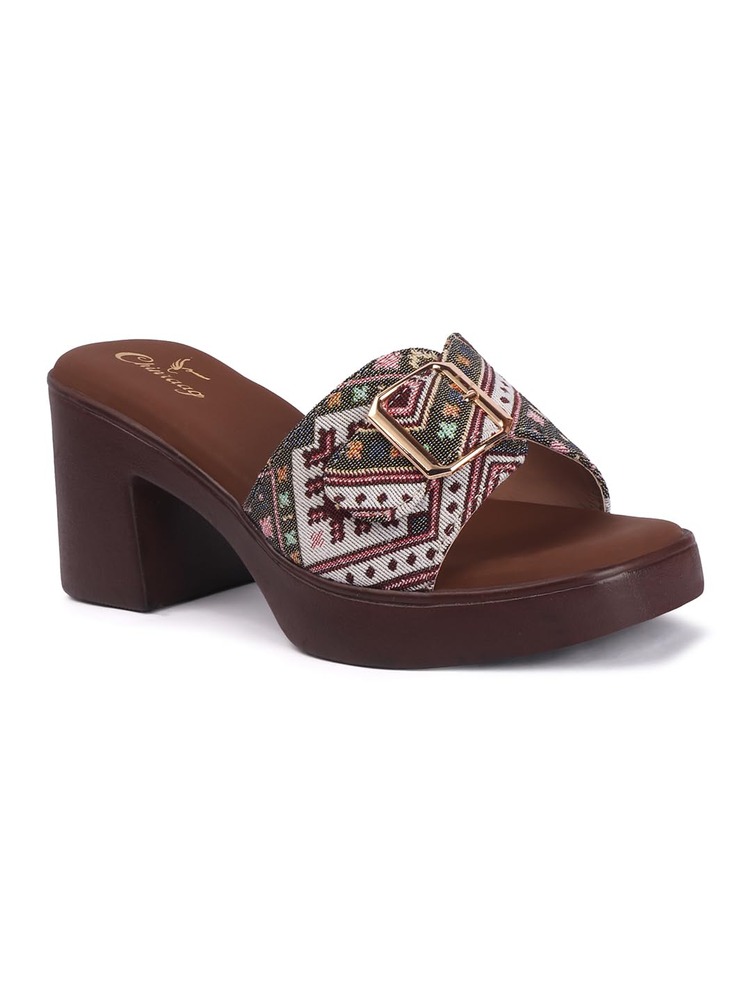 Women's Printed Cross Strap Block Heel Slide Sandals with Metallic Buckle Detail (CR-503-P)-image-35