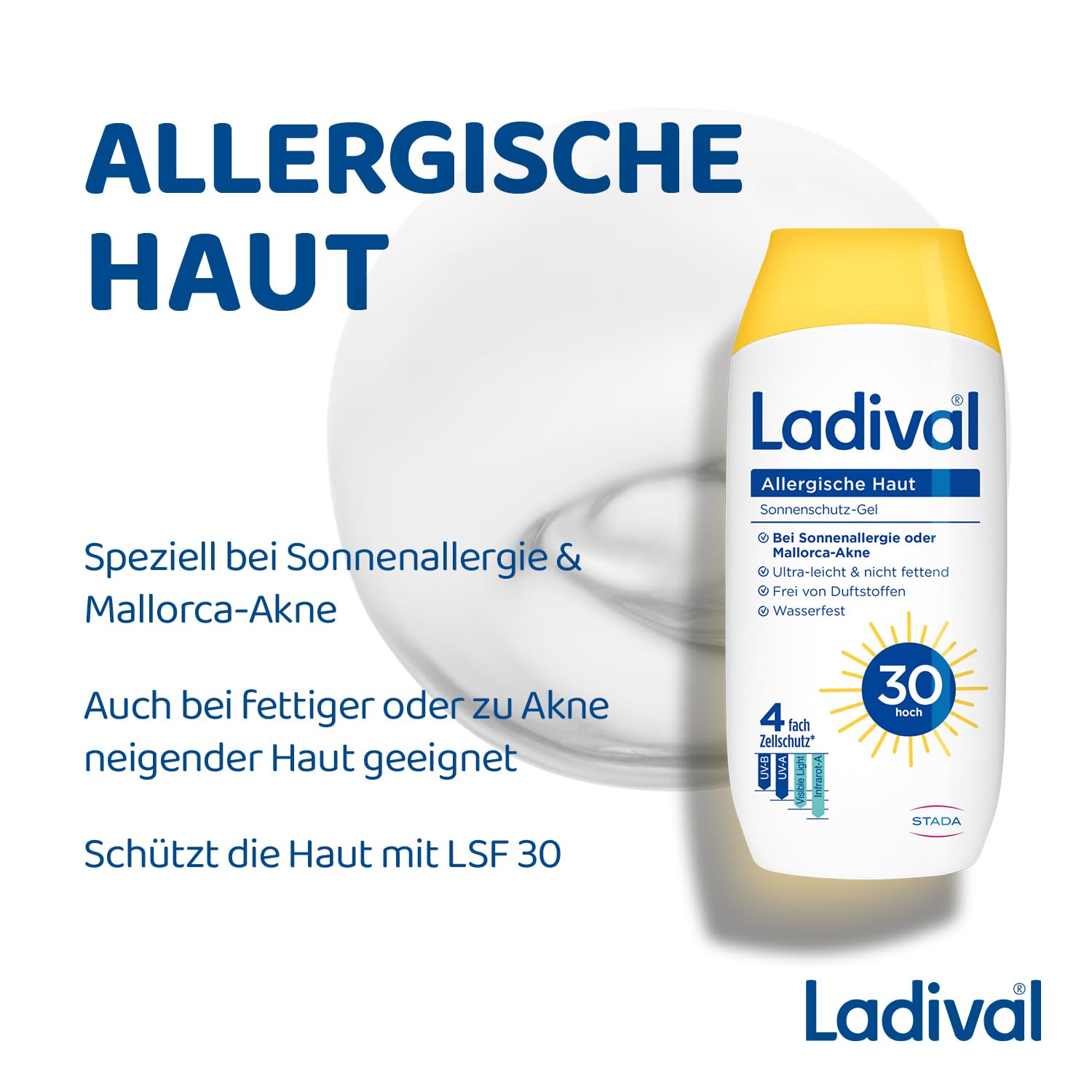 Ladival Gel de protection solaire SPF 30 pour le corps en cas d'allergies solaires et d'acné de Majorque, imperméable, avec protection cellulaire unique 4 fois, crème solaire 200 ml