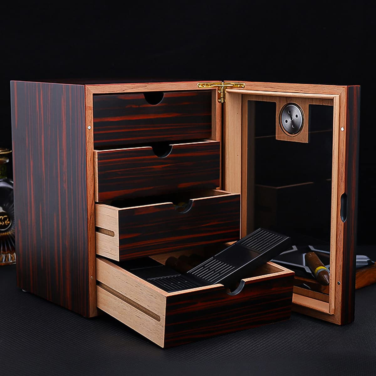 DOCIM Woodronic Zigarren-Humidor-Schrank mit digitalem Hygrometer, Zedernholz, gefüttert, Humidor, 4 Schubladen, Zigarrenbox, Humidor, mattschwarz