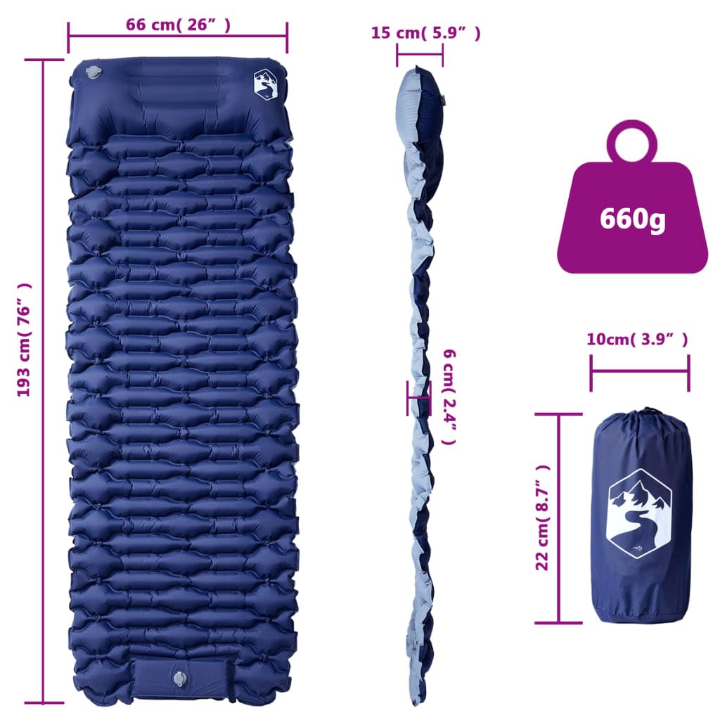 Samopompująca się karimata z poduszką, granatowa, nylon 40D, powłoka TPU 193 x 66 x 6 cm, pompka nożna, ultralekka, składana, izolowana na kemping, wędrówki, trekking, namiot i biwak