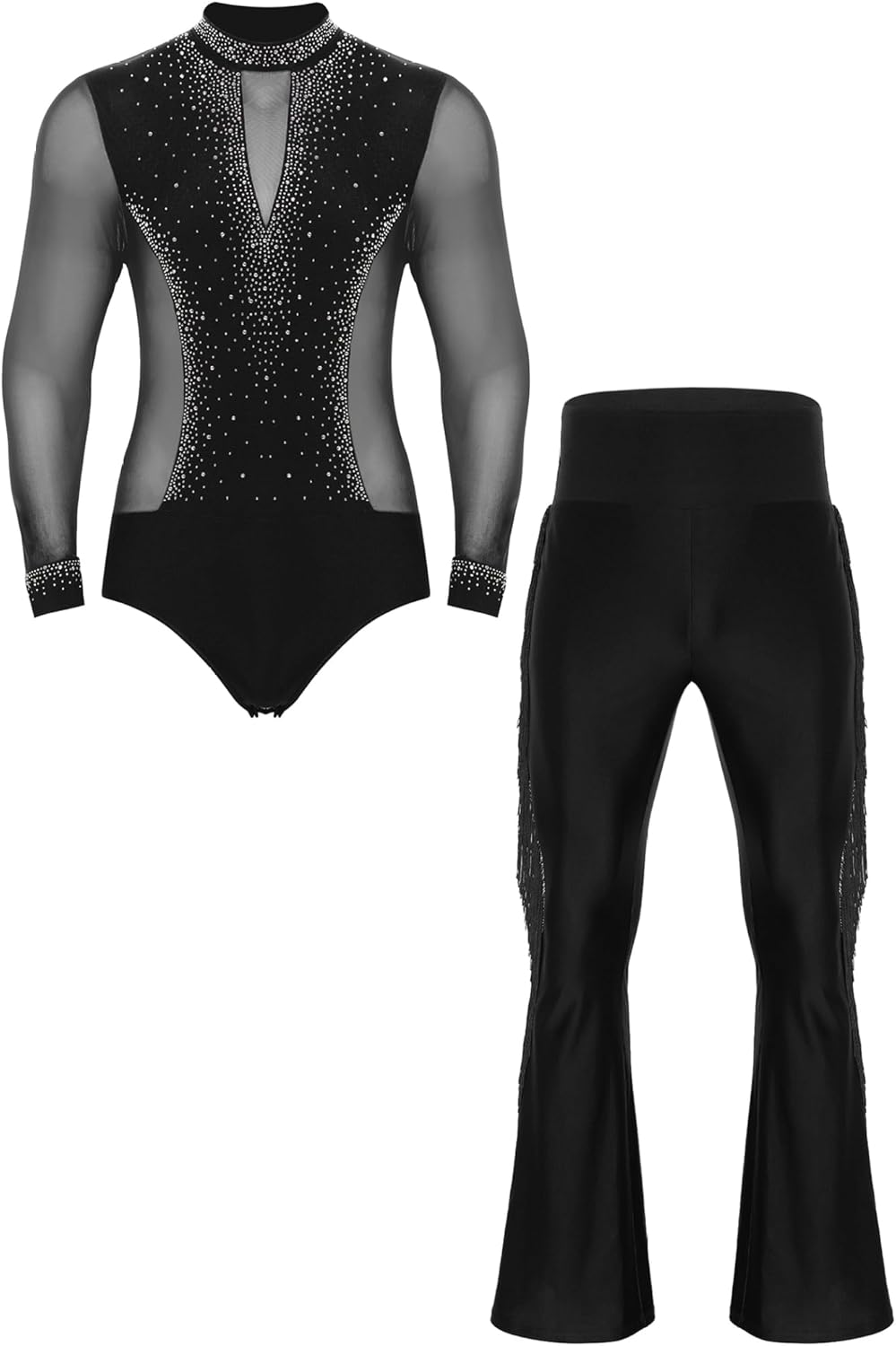 Men's Latin Ballroom Dance Costume Rhinestone Shiny Bodysuit with Flared Pants Ballet Dance Outfit